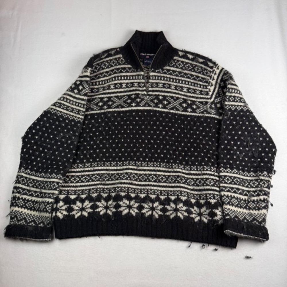 Polo‎ Sport Ralph Lauren Vintage Mens Black White Fair Isle 100% Wool Sweater L